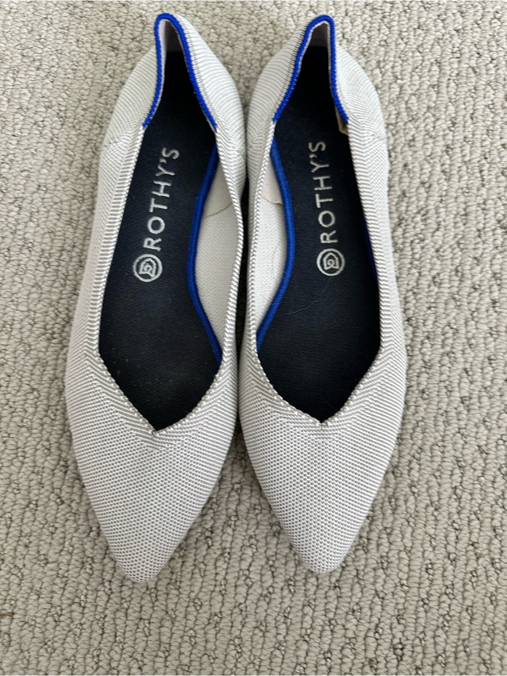 Rothy's Pointed Knit Flats in Light Gray with Blue Trim